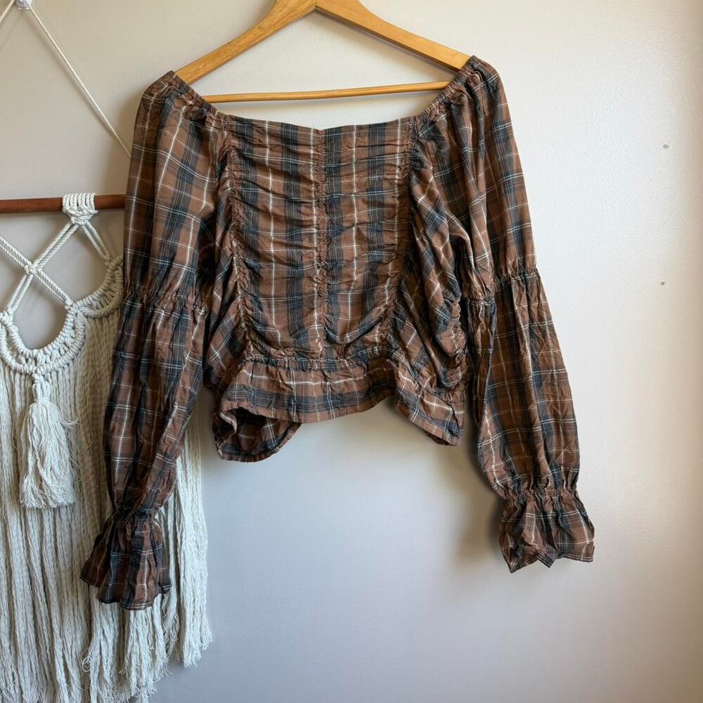 Ultra Pink Brown Plaid Off Shoulder Crop Top Ruched Sleeves Large